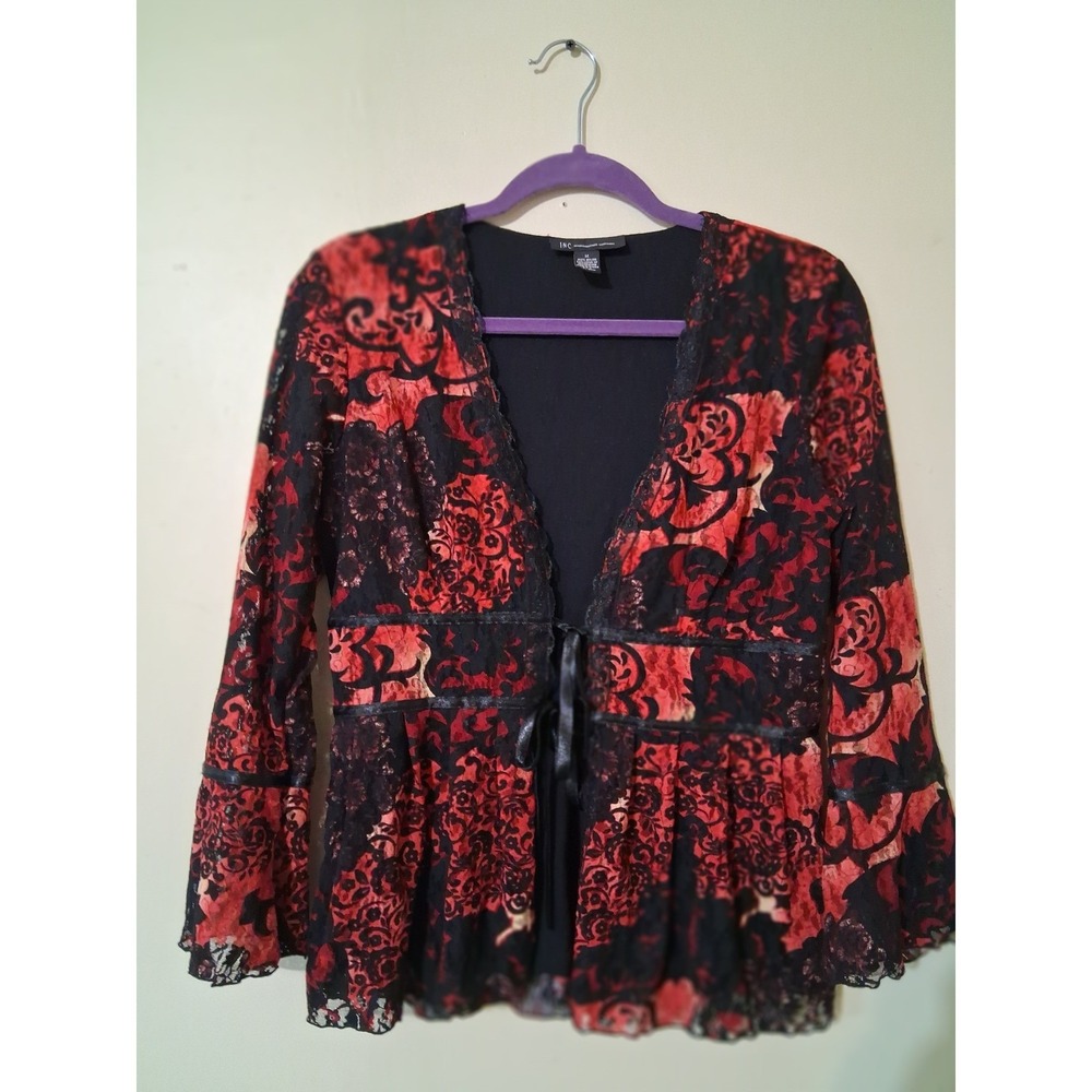 INC International Concepts Red Black Floral Lace Peplum Bell Sleeve Tie Top M